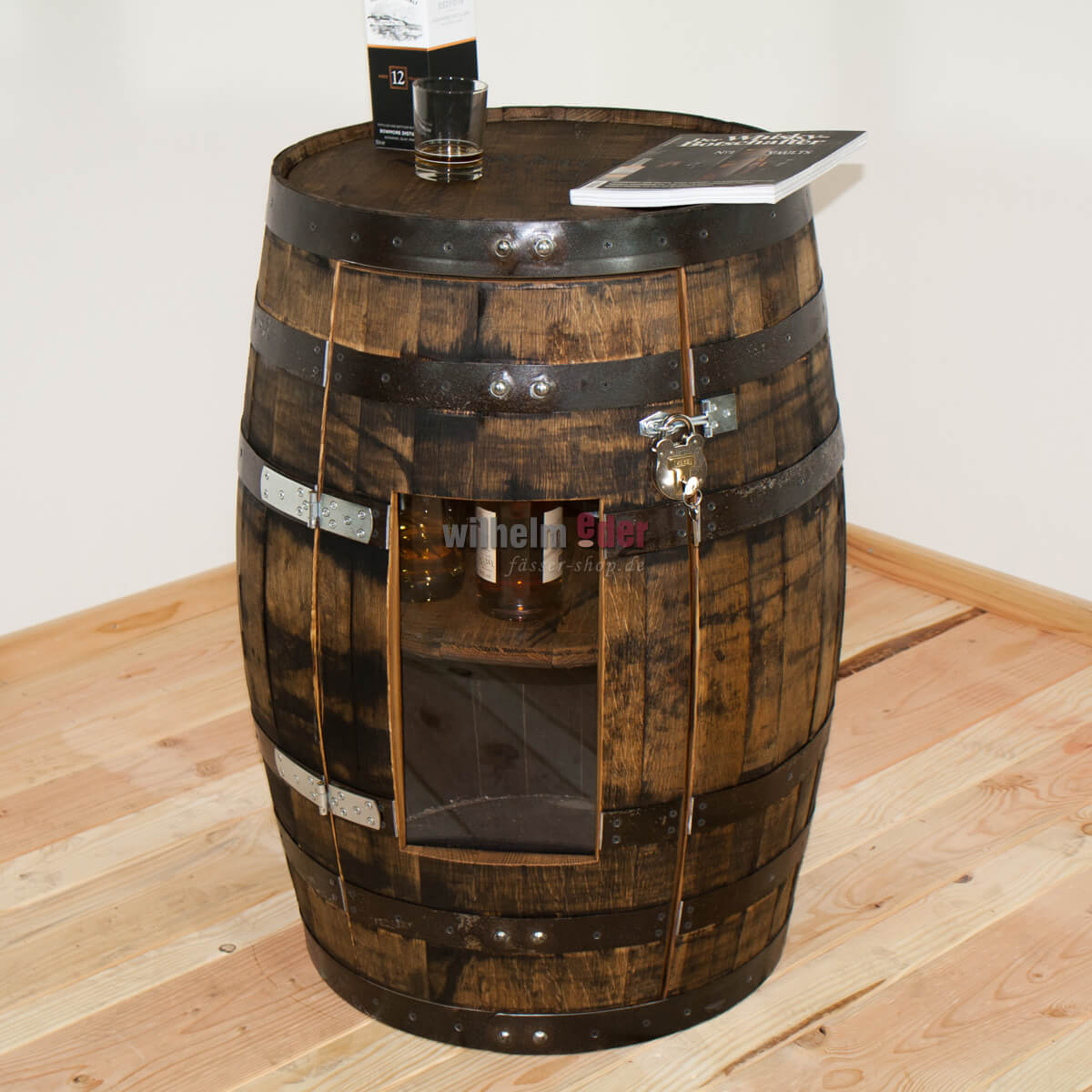 regalfass_bowmore_mit_tuer_natur_6 Shelf barrel made of a bourbon barrel 190 l incl. door with a Plexiglas window